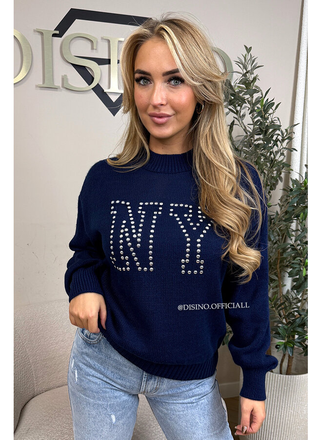 NAVY BLUE - 'NY STUDS SWEATER' - OVERSIZED KNITTED SWEATER
