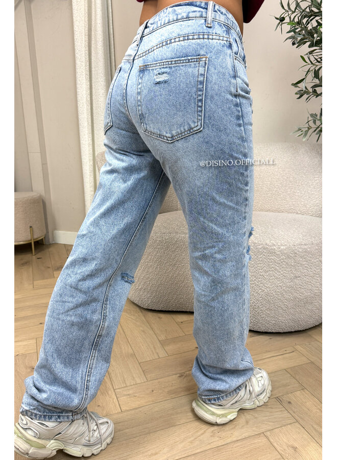 BLUE - 'TASMAN JEANS' - RIPPED KNEE MID-WAIST JEANS [NO STRETCH]
