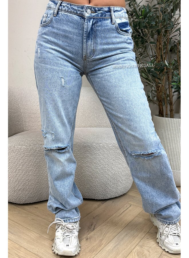 BLUE - 'TASMAN JEANS' - RIPPED KNEE MID-WAIST JEANS [NO STRETCH]
