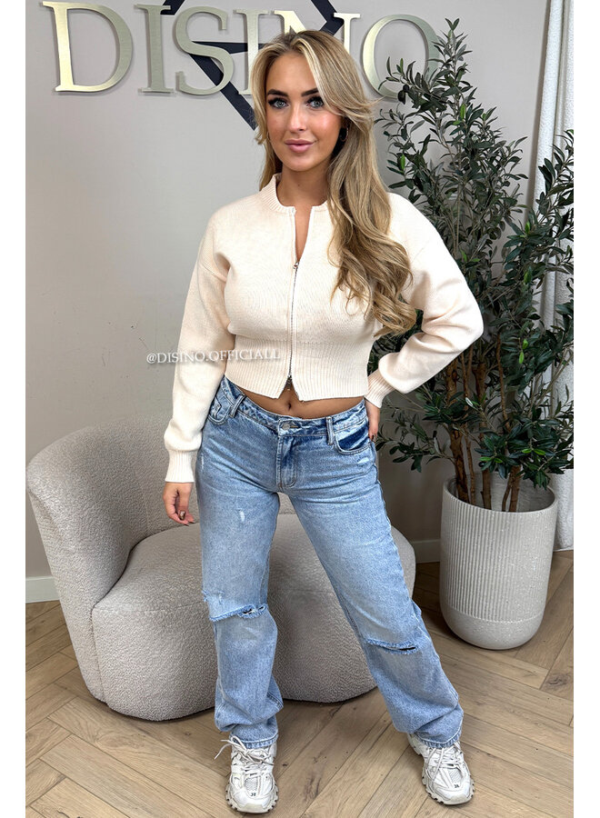 BLUE - 'TASMAN JEANS' - RIPPED KNEE MID-WAIST JEANS [NO STRETCH]