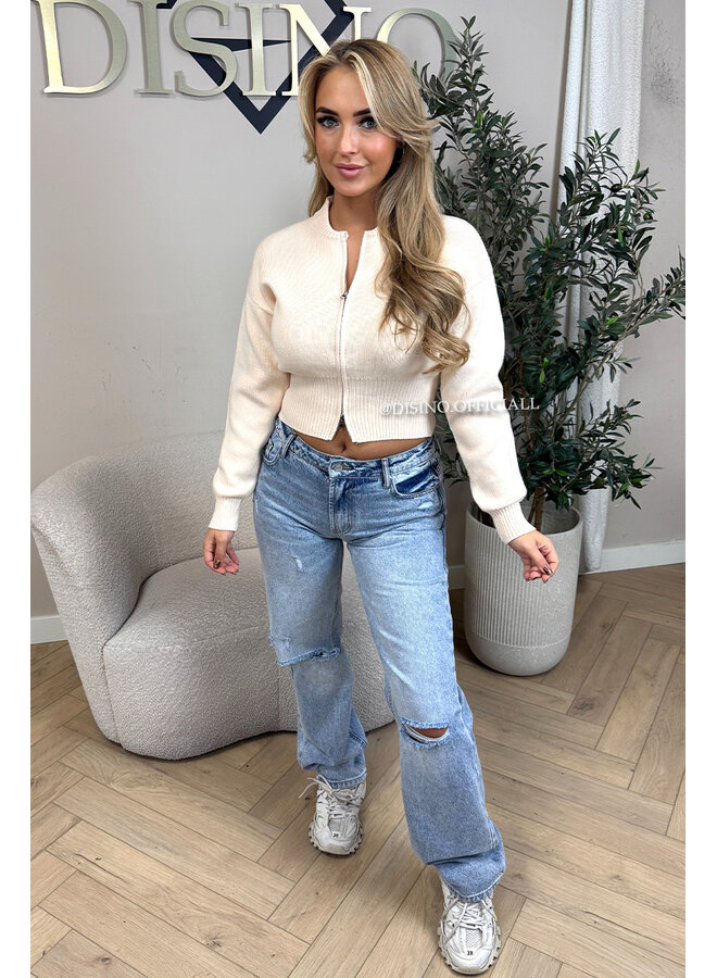 BLUE - 'TASMAN JEANS' - RIPPED KNEE MID-WAIST JEANS [NO STRETCH]