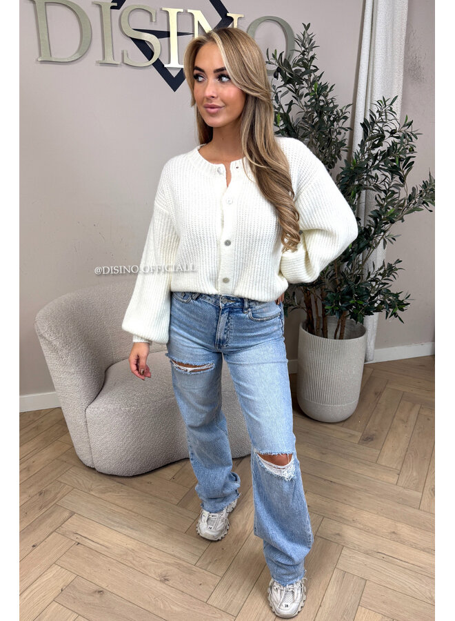 WHITE - 'FENNA CARDIGAN' - BALLOON SLEEVE KNITTED VEST