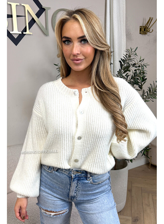 WHITE - 'FENNA CARDIGAN' - BALLOON SLEEVE KNITTED VEST