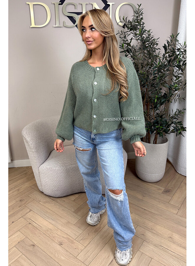 SAGE GREEN - 'FENNA CARDIGAN' - BALLOON SLEEVE KNITTED VEST