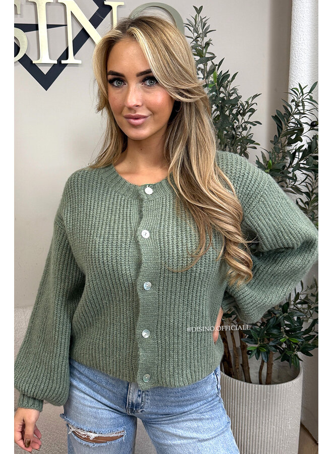 SAGE GREEN - 'FENNA CARDIGAN' - BALLOON SLEEVE KNITTED VEST