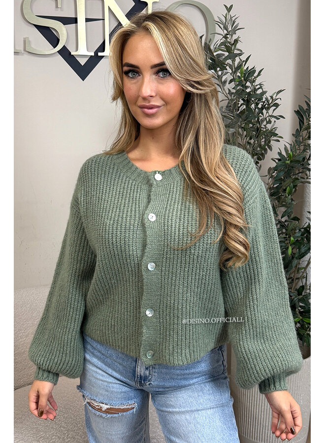 SAGE GREEN - 'FENNA CARDIGAN' - BALLOON SLEEVE KNITTED VEST