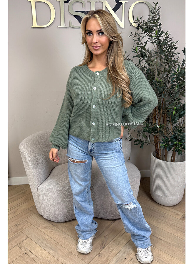 SAGE GREEN - 'FENNA CARDIGAN' - BALLOON SLEEVE KNITTED VEST