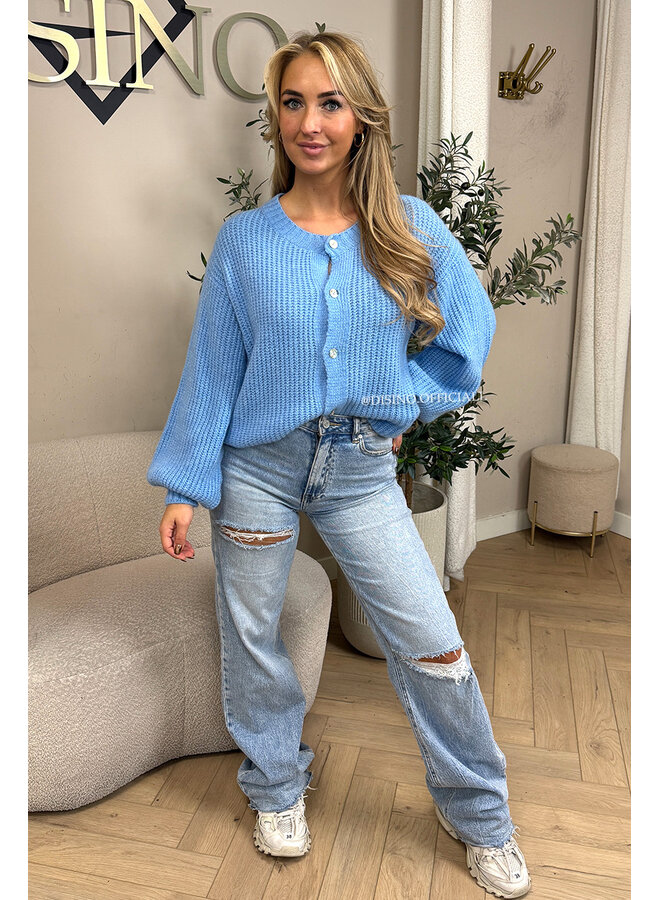 LIGHT BLUE - 'DISINO JEANS' - STRETCH EXTRA LONG RIPPED KNEE WIDE LEG JEANS