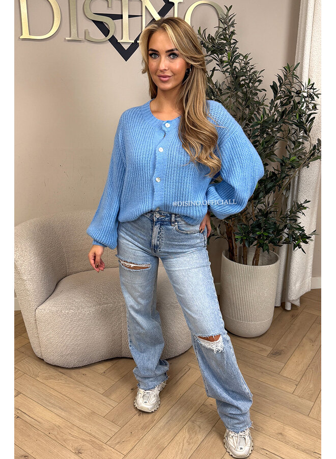LIGHT BLUE - 'DISINO JEANS' - STRETCH EXTRA LONG RIPPED KNEE WIDE LEG JEANS