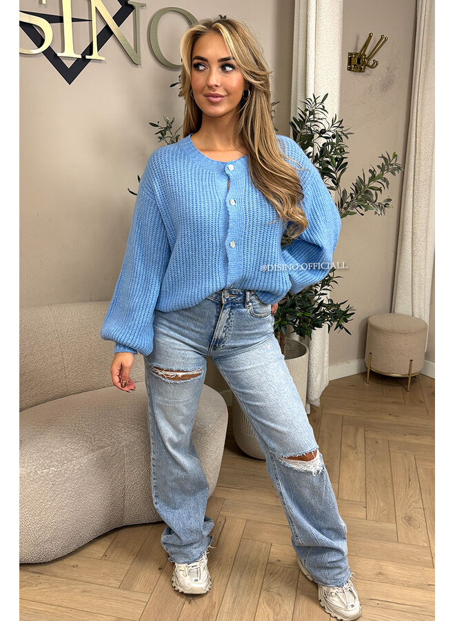 LIGHT BLUE - 'DISINO JEANS' - STRETCH EXTRA LONG RIPPED KNEE WIDE LEG JEANS