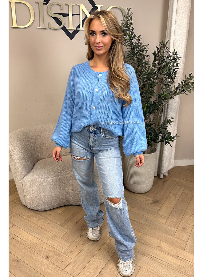 LIGHT BLUE - 'DISINO JEANS' - STRETCH EXTRA LONG RIPPED KNEE WIDE LEG JEANS