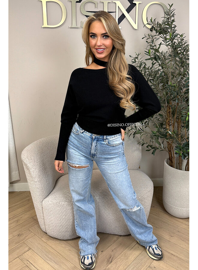 BLACK - 'SURA KNIT' - OPEN SHOULDER KNITTED SWEATER