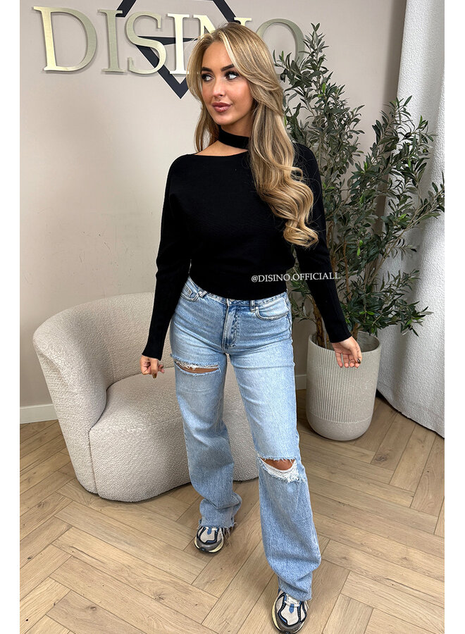 BLACK - 'SURA KNIT' - OPEN SHOULDER KNITTED SWEATER