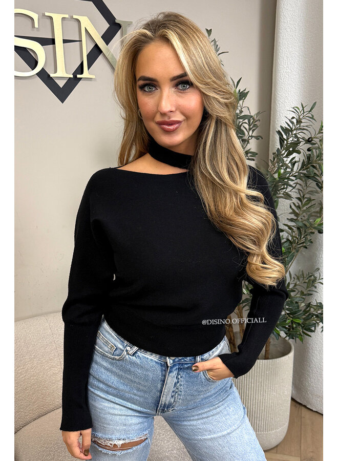BLACK - 'SURA KNIT' - OPEN SHOULDER KNITTED SWEATER