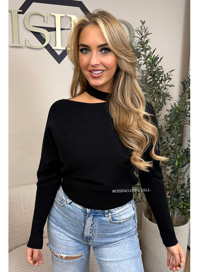 BLACK - 'SURA KNIT' - OPEN SHOULDER KNITTED SWEATER