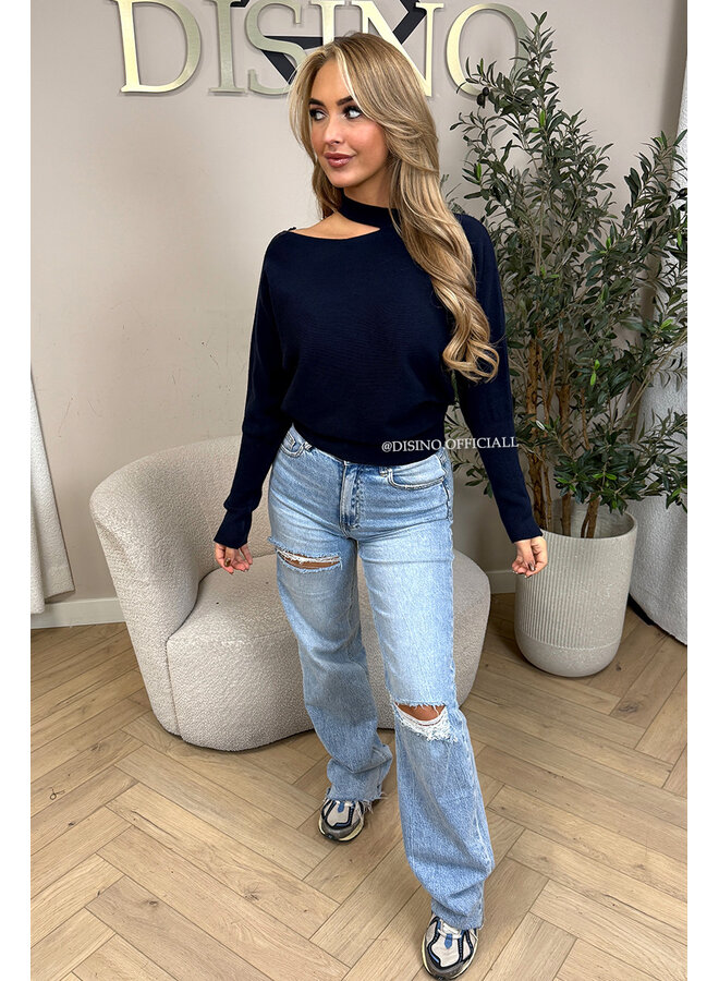 NAVY BLUE - 'SURA KNIT' - OPEN SHOULDER KNITTED SWEATER