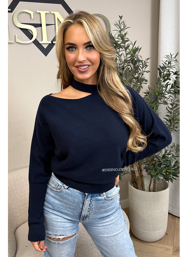 NAVY BLUE - 'SURA KNIT' - OPEN SHOULDER KNITTED SWEATER