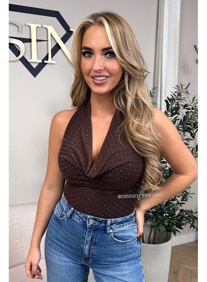 CHOCO - 'EMELINE BODYSUIT' - DIAMONDS ALL OVER DRAPE HALTER BODYSUIT