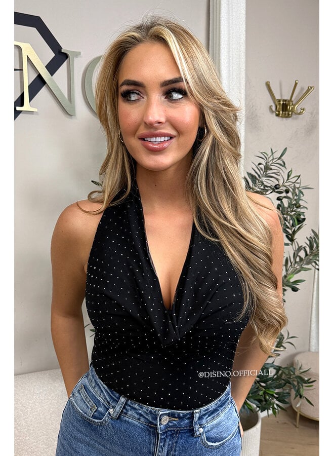 BLACK - 'EMELINE BODYSUIT' - DIAMONDS ALL OVER DRAPE HALTER BODYSUIT