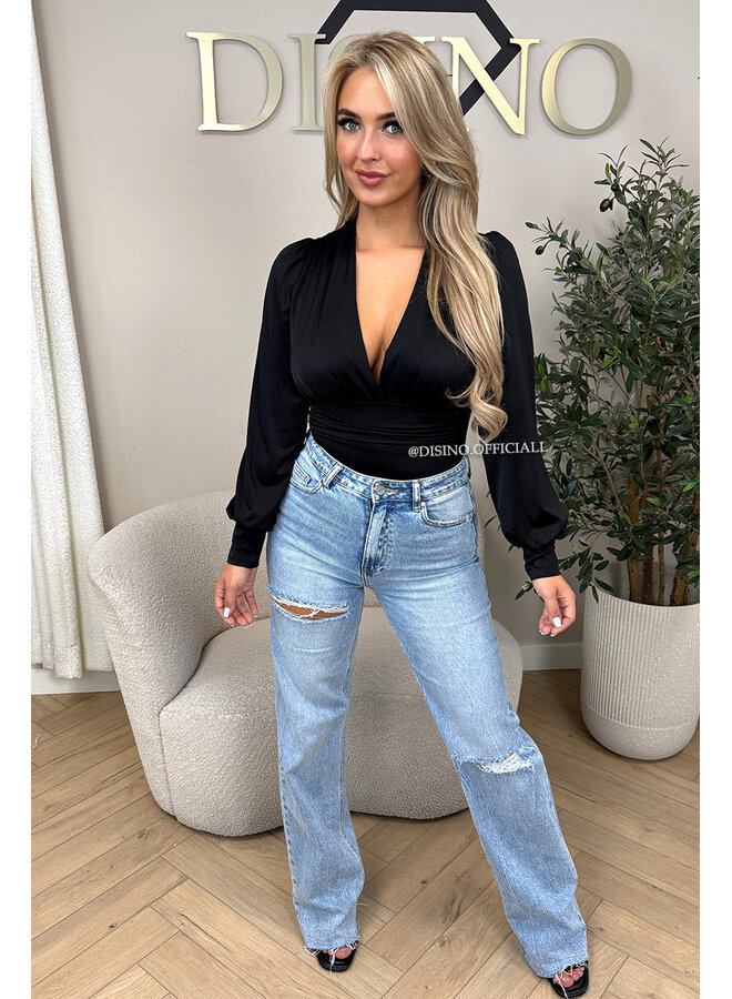 BLACK - 'LIVIA BODY' - SILKY RUCHED STRETCH BODYSUIT