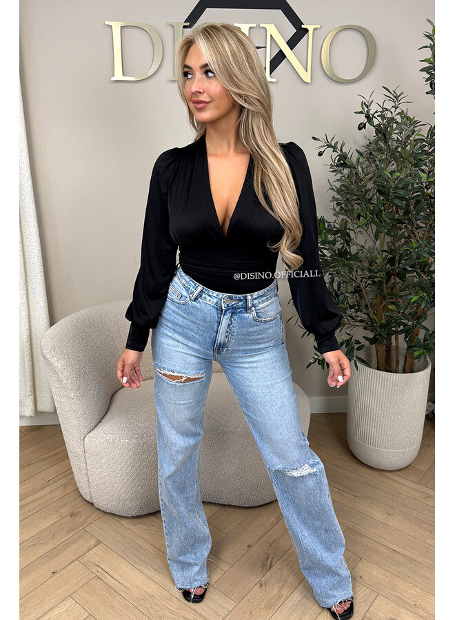 BLACK - 'LIVIA BODY' - SILKY RUCHED STRETCH BODYSUIT