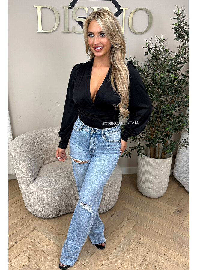 BLACK - 'LIVIA BODY' - SILKY RUCHED STRETCH BODYSUIT