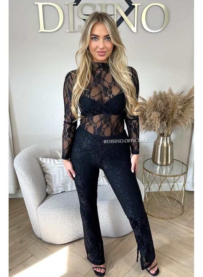 BLACK - 'OLIVIA SET' - STRETCH LACE BODYSUIT + SPLIT FLARE