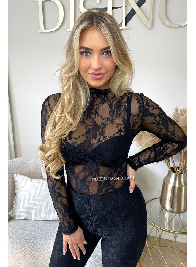 BLACK - 'OLIVIA SET' - STRETCH LACE BODYSUIT + SPLIT FLARE