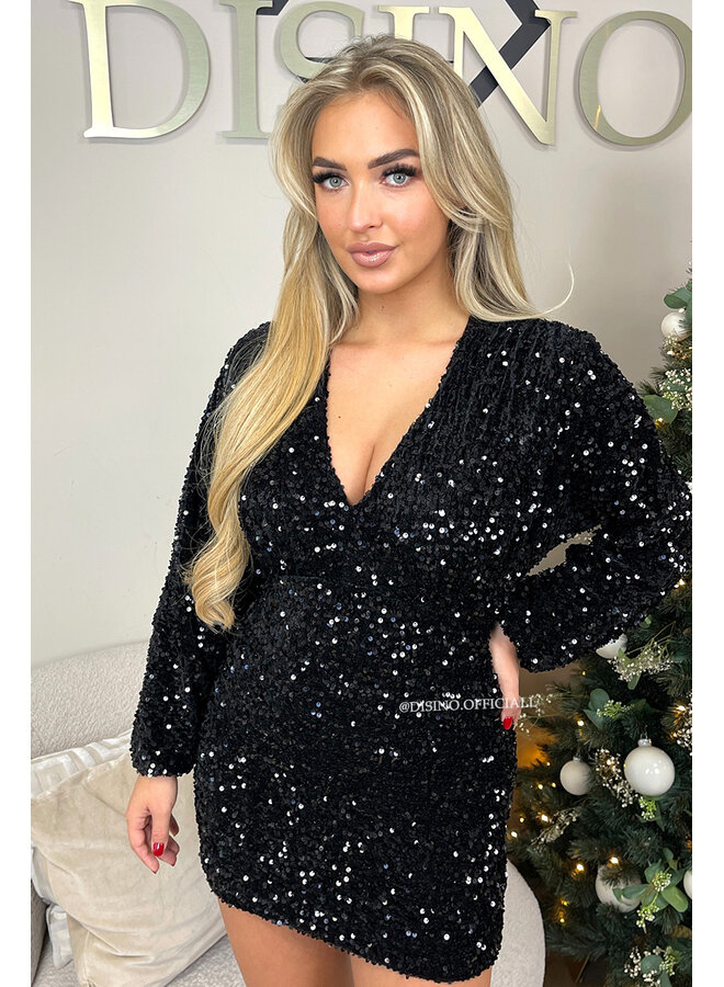 BLACK - 'NOÈ DRESS' - ALL OVER LONG SLEEVE SEQUIN DRESS