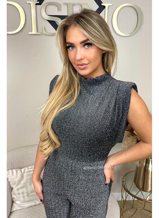 SILVER - 'ISABELLA SPARKLE JUMPSUIT' - SUPER STRETCH PUFF SHOULDER JUMPSUIT