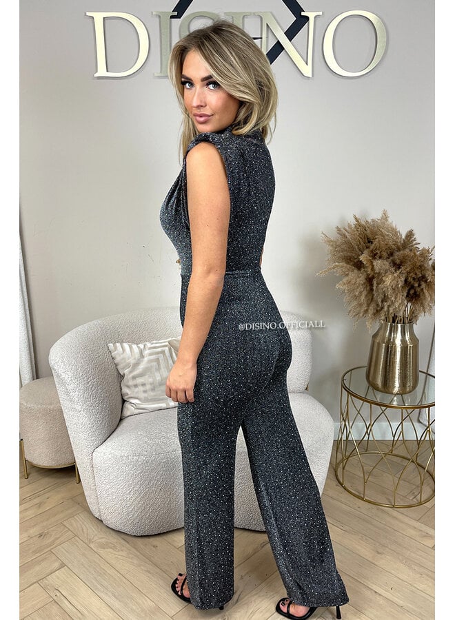 SILVER - 'ISABELLA SPARKLE JUMPSUIT' - SUPER STRETCH PUFF SHOULDER JUMPSUIT