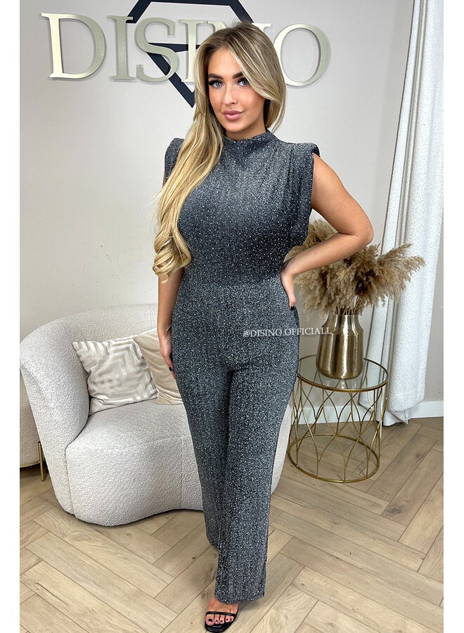 SILVER - 'ISABELLA SPARKLE JUMPSUIT' - SUPER STRETCH PUFF SHOULDER JUMPSUIT