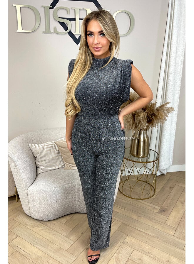 SILVER - 'ISABELLA SPARKLE JUMPSUIT' - SUPER STRETCH PUFF SHOULDER JUMPSUIT