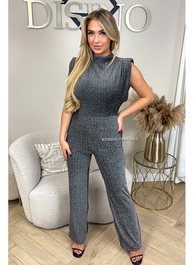 SILVER - 'ISABELLA SPARKLE JUMPSUIT' - SUPER STRETCH PUFF SHOULDER JUMPSUIT