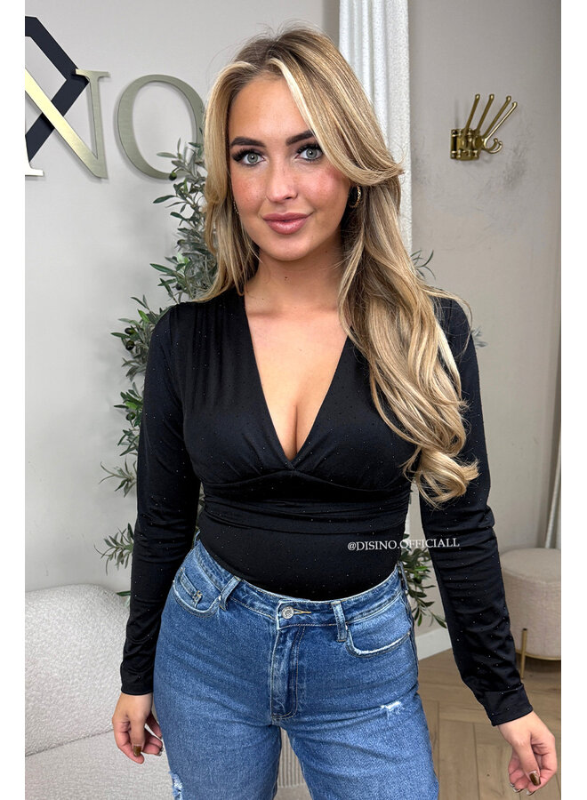 BLACK - 'LIVIA DIAMONDS BODY' - SILKY RUCHED STRETCH BODYSUIT