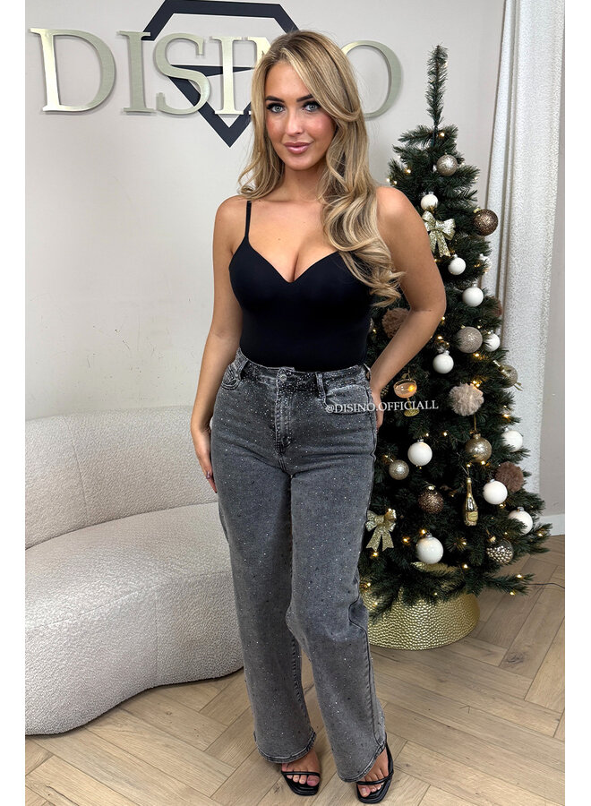 GREY - 'STARDUST JEANS' - EXCLUSIVE DIAMOND STRETCH STRAIGHT LEG JEANS