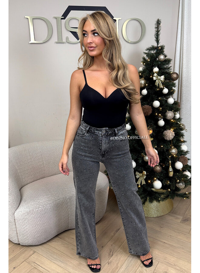 GREY - 'STARDUST JEANS' - EXCLUSIVE DIAMOND STRETCH STRAIGHT LEG JEANS