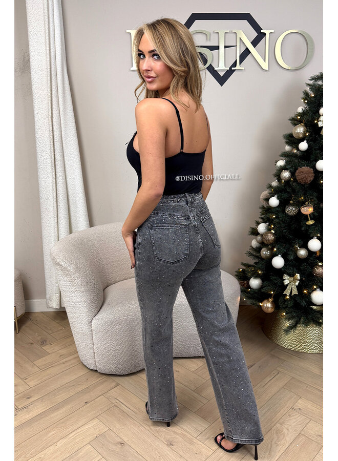 GREY - 'STARDUST JEANS' - EXCLUSIVE DIAMOND STRETCH STRAIGHT LEG JEANS