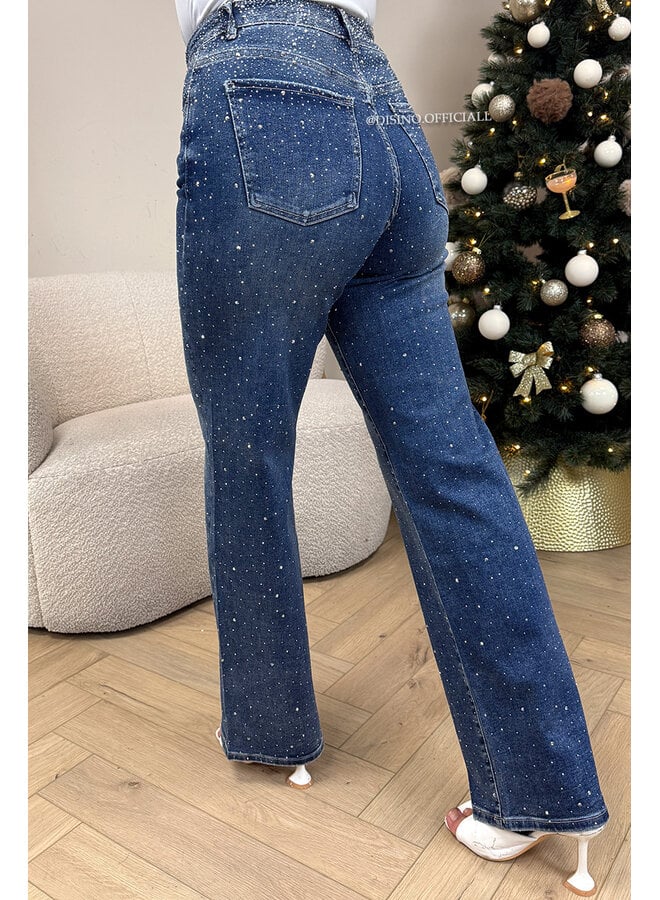 DARK BLUE - 'STARDUST JEANS' - EXCLUSIVE DIAMOND STRETCH STRAIGHT LEG JEANS