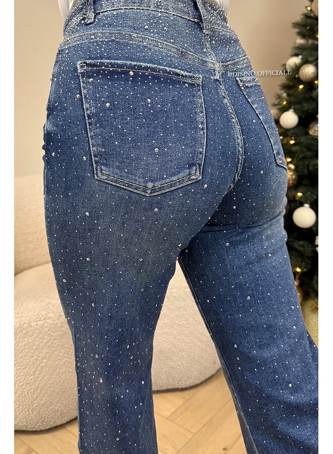 DARK BLUE - 'STARDUST JEANS' - EXCLUSIVE DIAMOND STRETCH STRAIGHT LEG JEANS