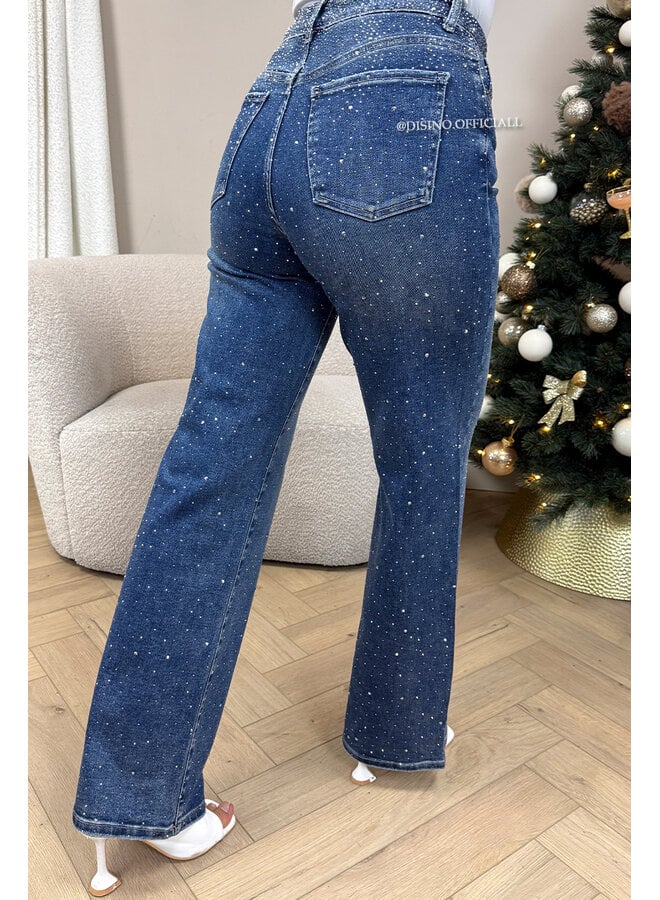 DARK BLUE - 'STARDUST JEANS' - EXCLUSIVE DIAMOND STRETCH STRAIGHT LEG JEANS