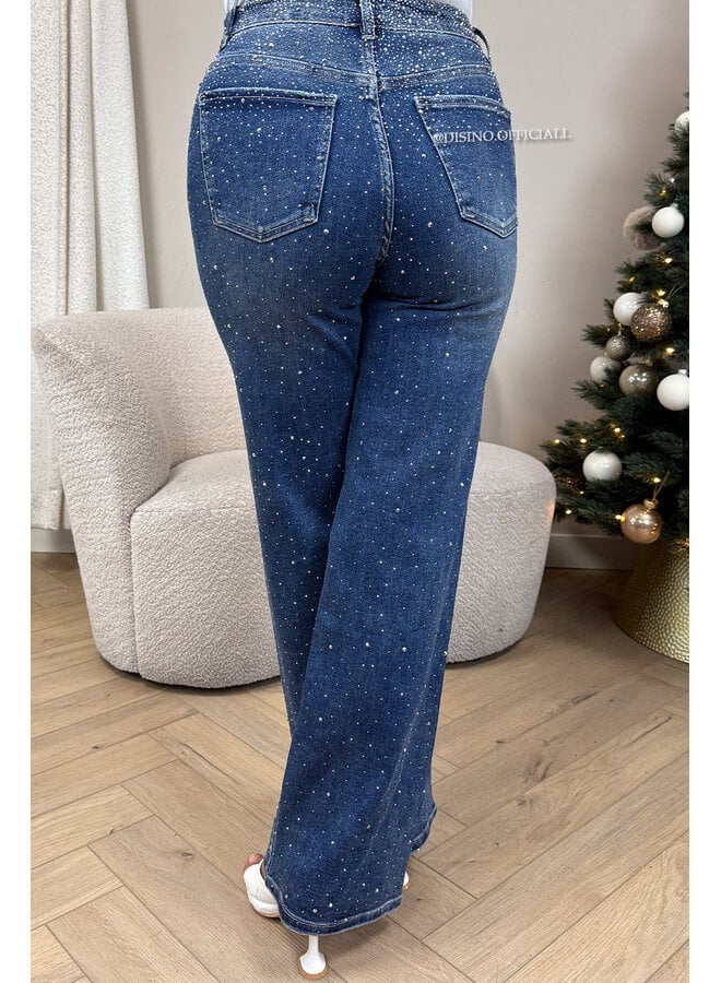 DARK BLUE - 'STARDUST JEANS' - EXCLUSIVE DIAMOND STRETCH STRAIGHT LEG JEANS