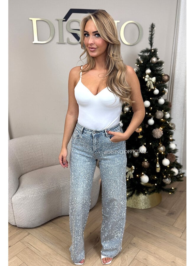 LIGHT BLUE - 'MARÉLL DIAMONDS JEANS' - STRETCH RHINESTONE WIDE LEG JEANS