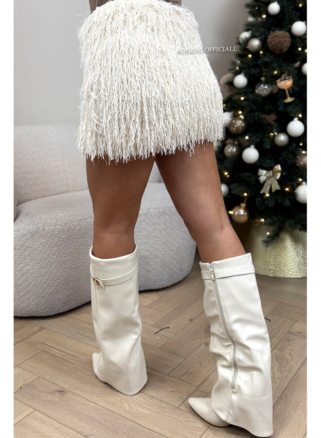 BEIGE - 'FARAH SKIRT' - FLUFFY FEATHER STRETCH MINI SKIRT