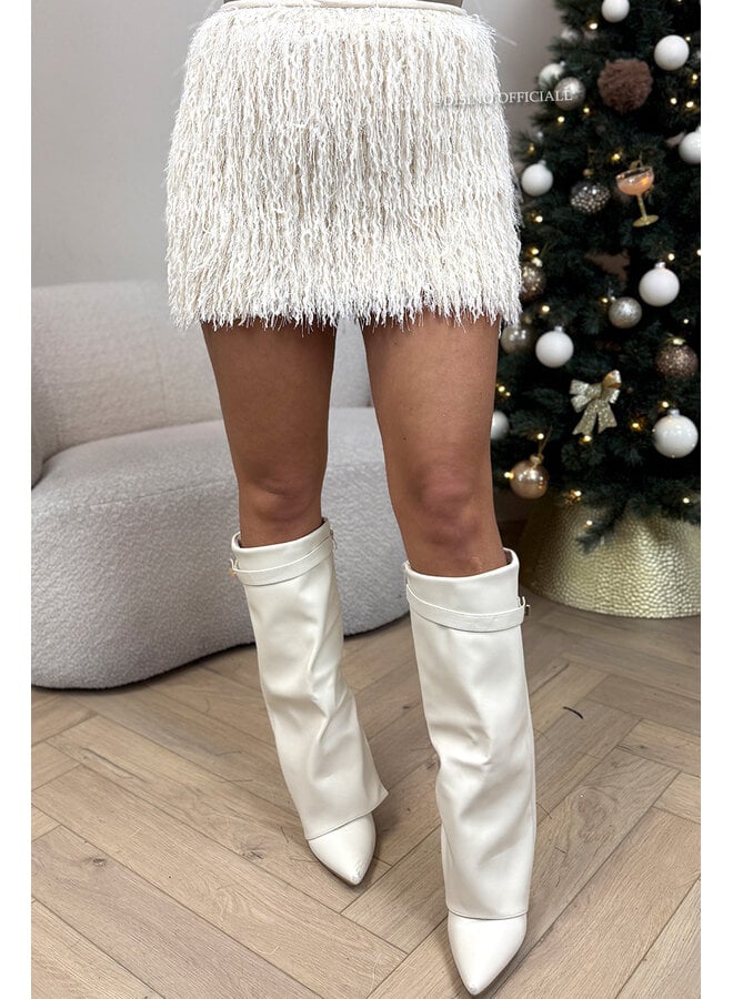 BEIGE - 'FARAH SKIRT' - FLUFFY FEATHER STRETCH MINI SKIRT