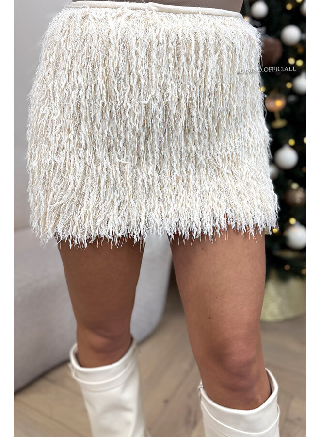 BEIGE - 'FARAH SKIRT' - FLUFFY FEATHER STRETCH MINI SKIRT