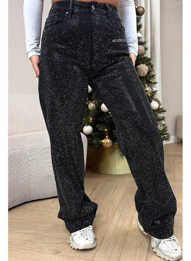 BLACK - 'MARÉLL DIAMONDS JEANS' - STRETCH RHINESTONE WIDE LEG JEANS