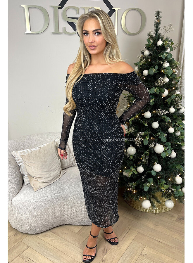 BLACK - 'MARCIA' - OFF SHOULDER RHINESTONE DIAMONDS DRESS