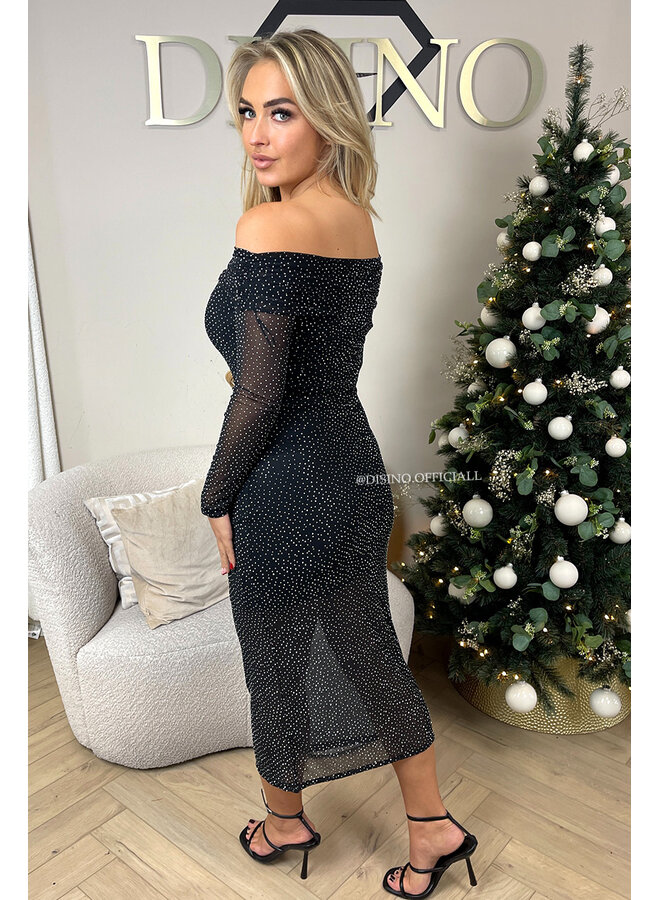 BLACK - 'MARCIA' - OFF SHOULDER RHINESTONE DIAMONDS DRESS