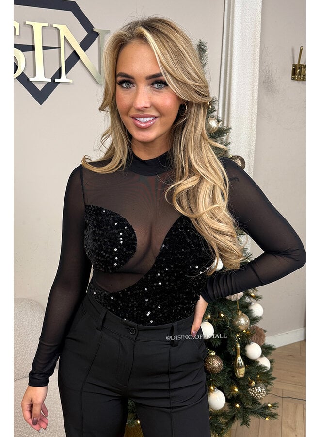 BLACK - 'ELORA BODY' - MESH & SEQUIN BODYSUIT